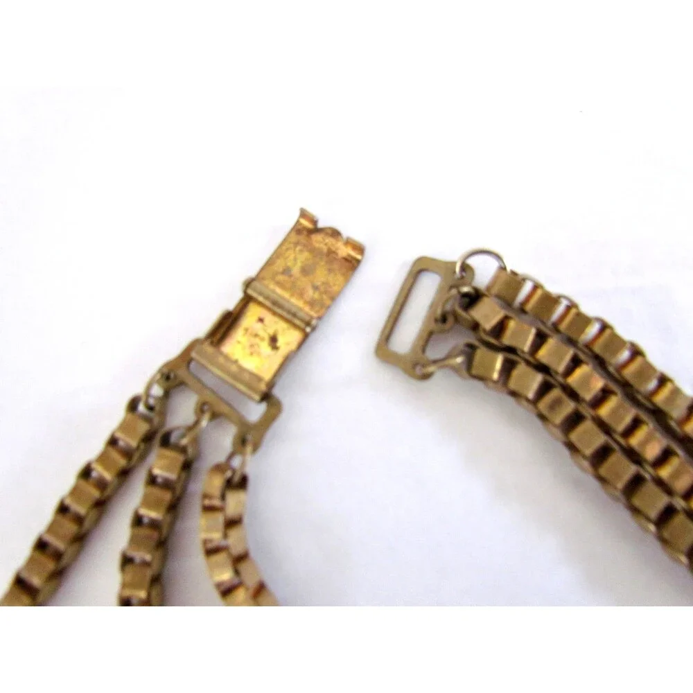 Vintage 1940s 50s Triple Strand Box Chain Necklace Heavy Venetian Links - Picture 11 of 12